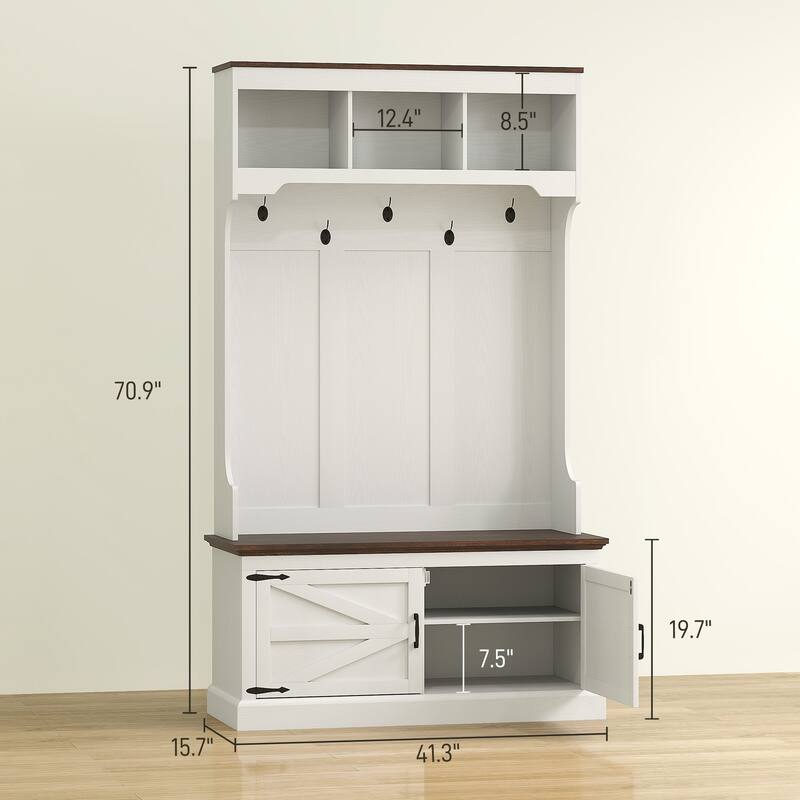 White and Oak MDF Hall Tree Bench with Shoe Storage and Steel Hooks - 41.3" W x 15.7" D x 70.9" H