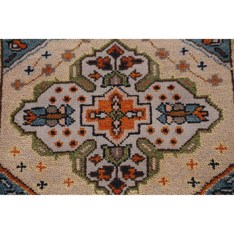 Geometric Heriz Serapi Runner Rug Hand-Knotted Beige Wool Carpet - 2'6" x 7'11"