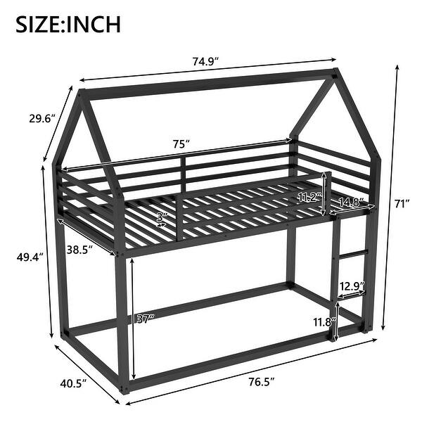 Twin Over Twin Metal House Bunk Kids Bed Frame with Built-in Ladder, Slide, and Guardrails, Whimsical Playhouse Design, Black