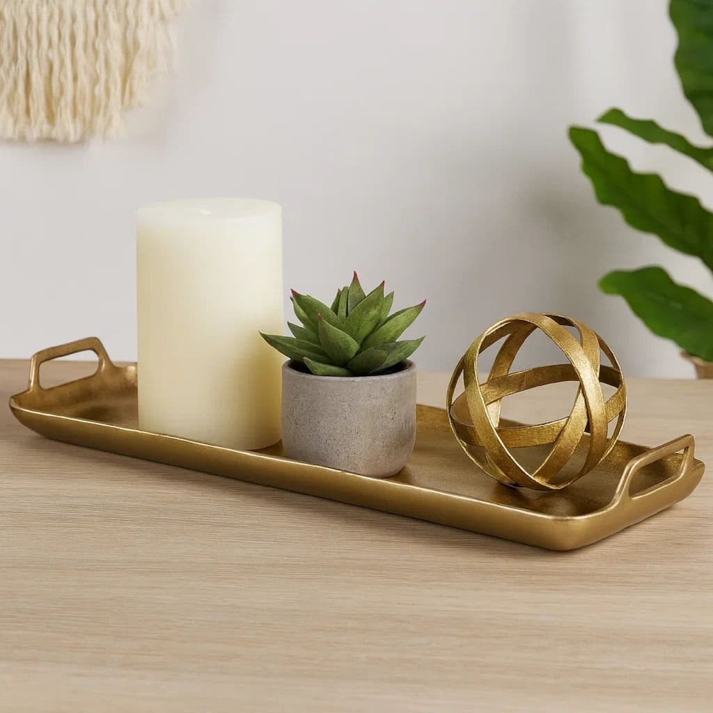 Rectangular Metal Frame Decorative Tray with Cut Out Handle, Gold