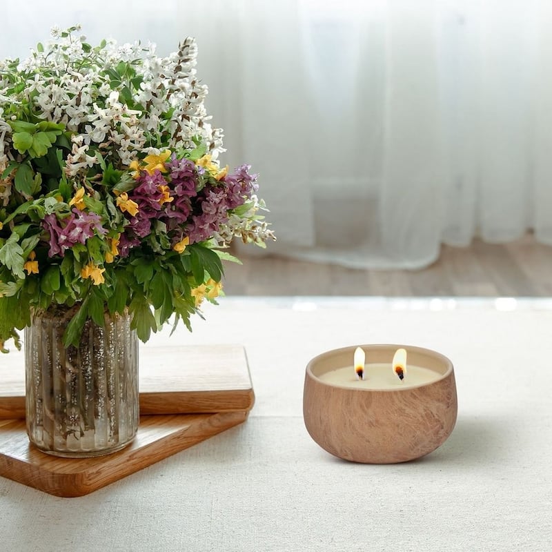 Tan Floral Scented Ceramic Candle Set of Two 16oz Home Decor