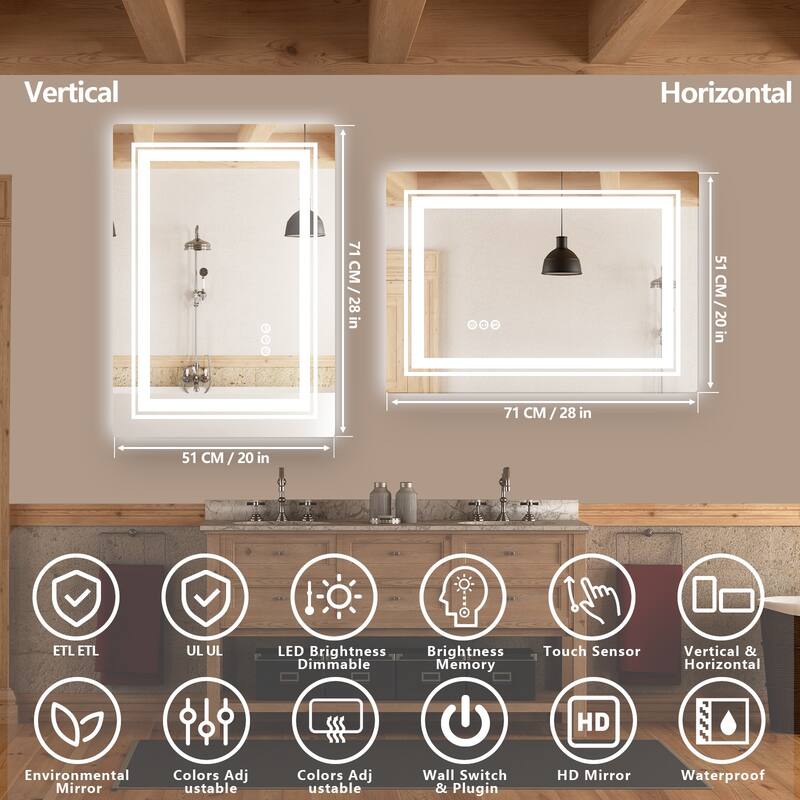 LED Bathroom Vanity Mirror 3 Colors Dimmable with Front and Backlit for Bedroom,Hotel - 28x20"