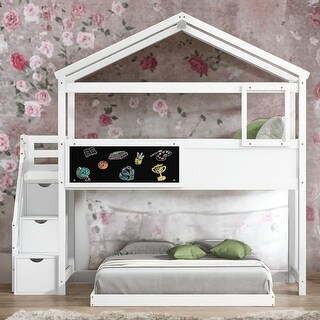 Modern Twin Over Full House Bunk Bed With Storage Staircase And Blackboard,Sturdy Frame for Bedroom