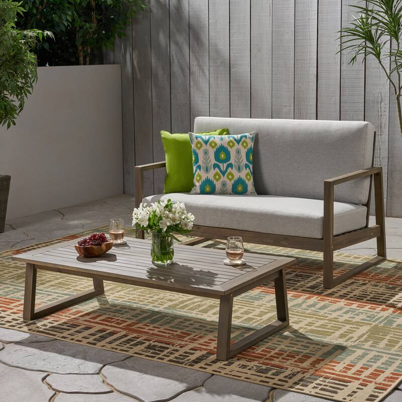 Belgian Outdoor Acacia Wood Chat Set by Christopher Knight Home - Gray Finish+Light Gray