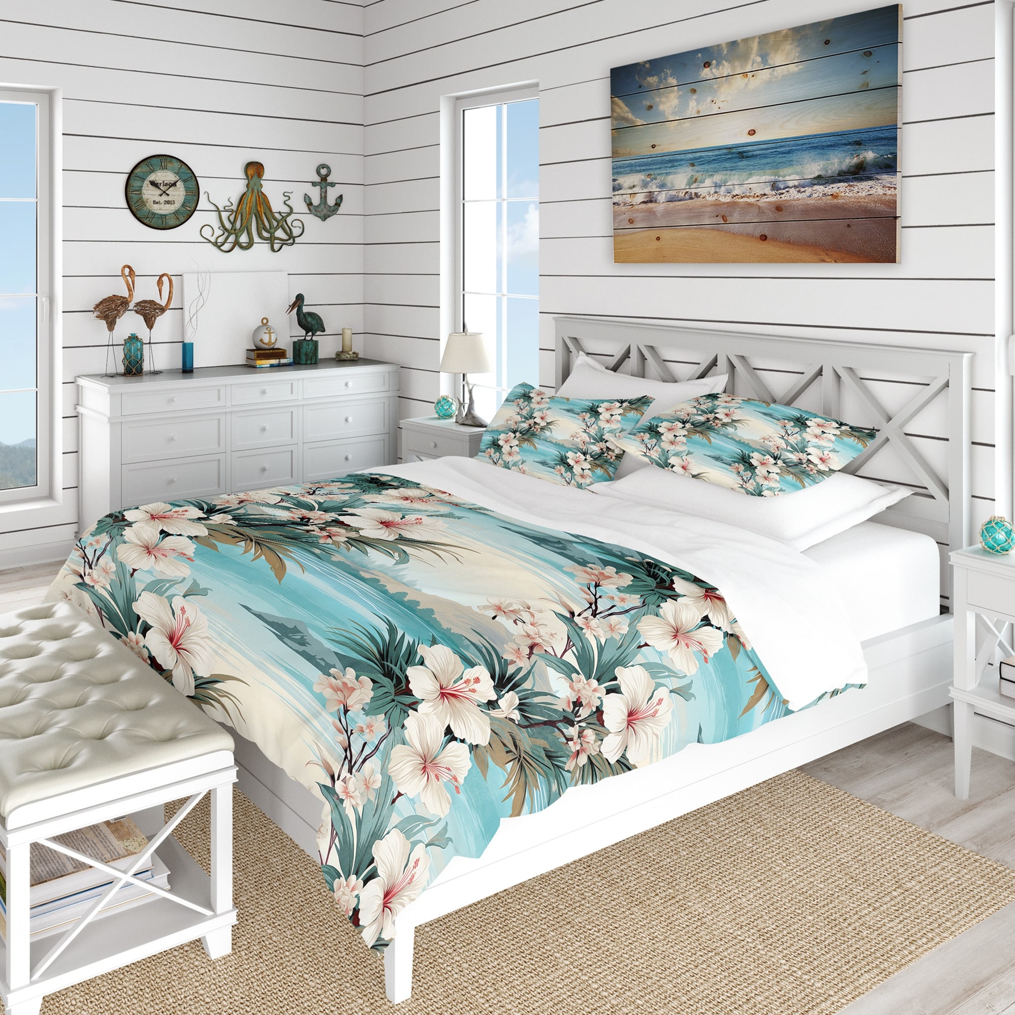 Designart "Seaside Reflections Tropical Pattern" White Coastal - Bed Cover Set With Shams
