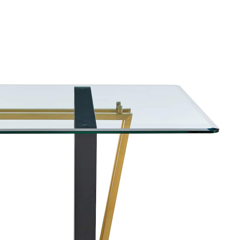 Danie Dining Table, 72 Inch Glass Top, Angular Base, Gold, Black Iron - Gold, Black, Clear