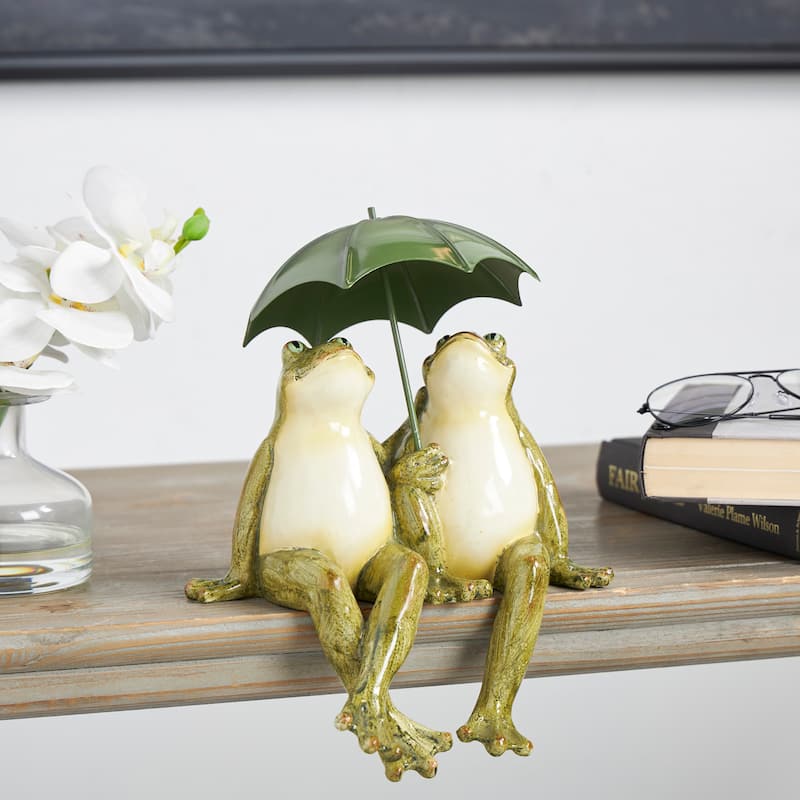 Bronze Resin Sitting Frog Decorative Sculpture with Umbrella - Bronze