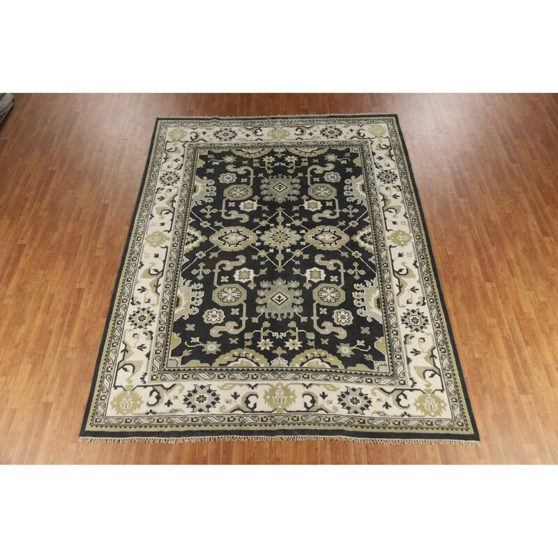 Black Oushak Indian Area Rug Hand-Knotted Wool Carpet - 9'1" x 11'9"