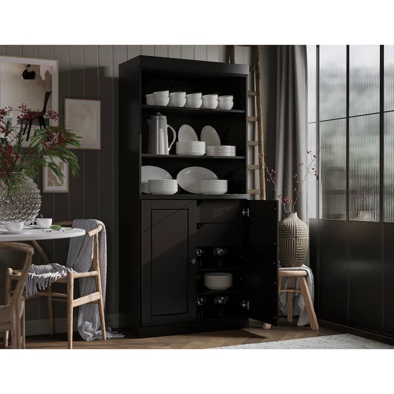 100% Solid Wood Kitchen Pantry Cabinet with 2 Clear Glass or Solid Wood Doors and 2-Drawer Organizer by Palace Imports - Black - Solid