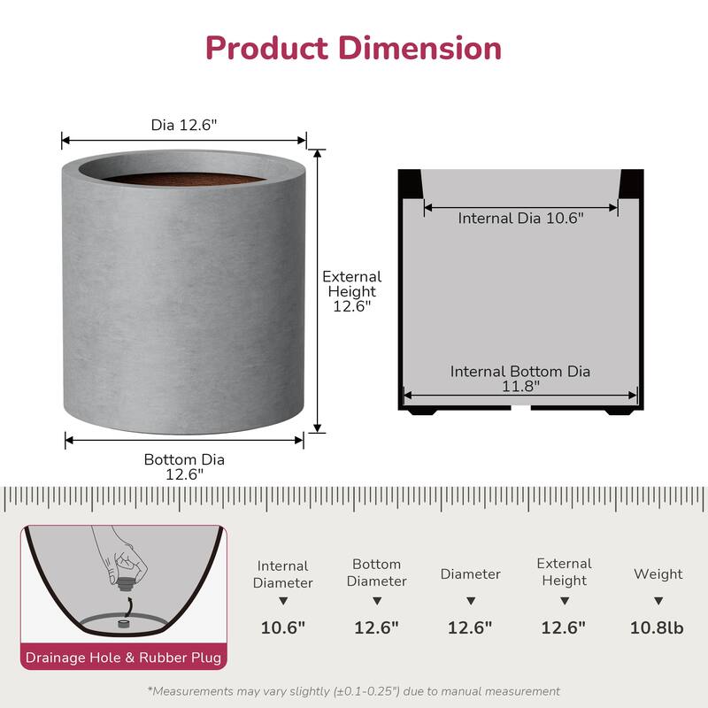 Concrete Tall Round Pot Cylindrical Flower Planter with Drainage Hole