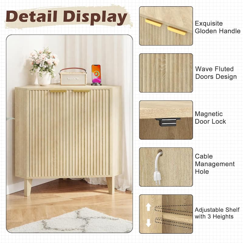 EROMMY Fluted Wood Corner Storage Cabinet with Power Strip, Adjustable Shelf, Small Space Corner Unit
