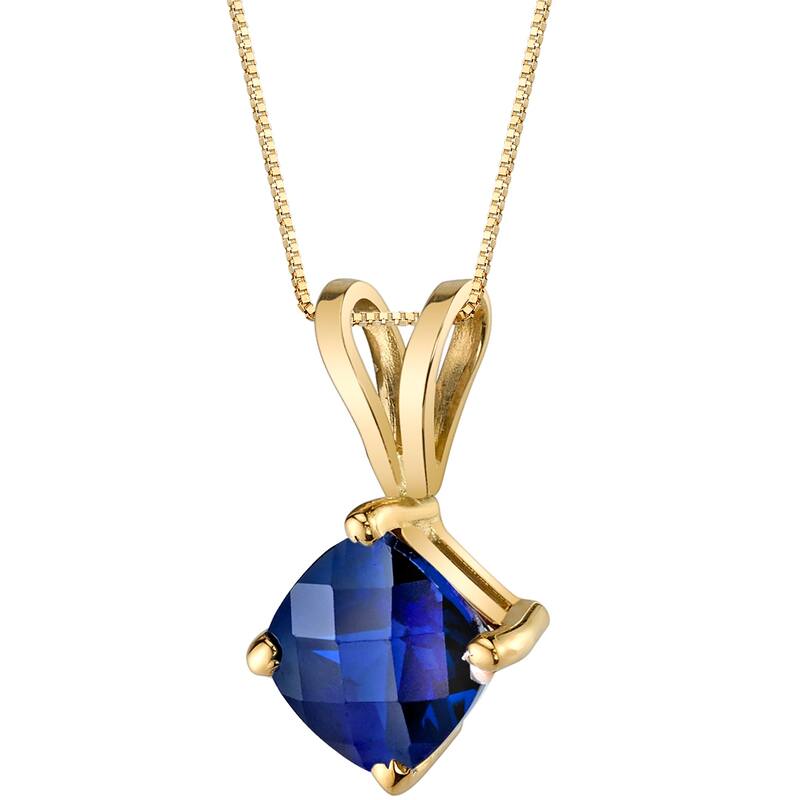 1.25 ct Cushion Cut Created Blue Sapphire Pendant in 14k Yellow Gold