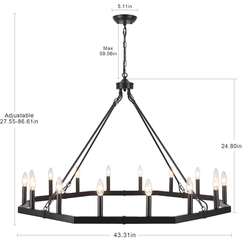 16-Light 43 in. Large Modern Farmhouse Candle Wagon Wheel Chandelier for Living Room