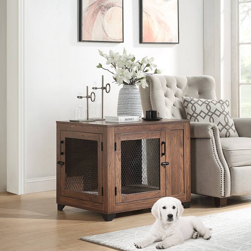 beeNbkks Furniture Style Dog Crate End Table, Mesh Wooden Pet Crate
