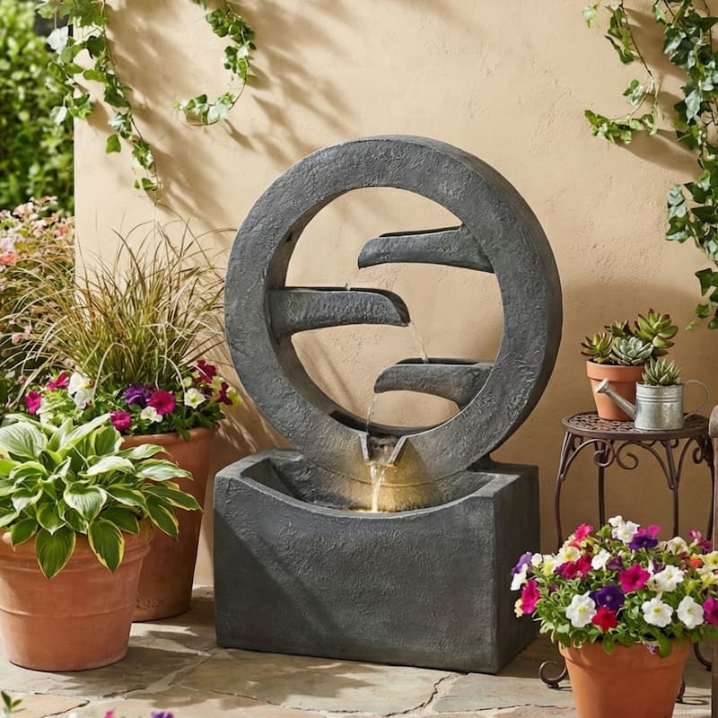 Christopher Knight Home - Modern 26.77"H Polyresin Outdoor Water Fountain with LED Light & Cascading Design - Grey