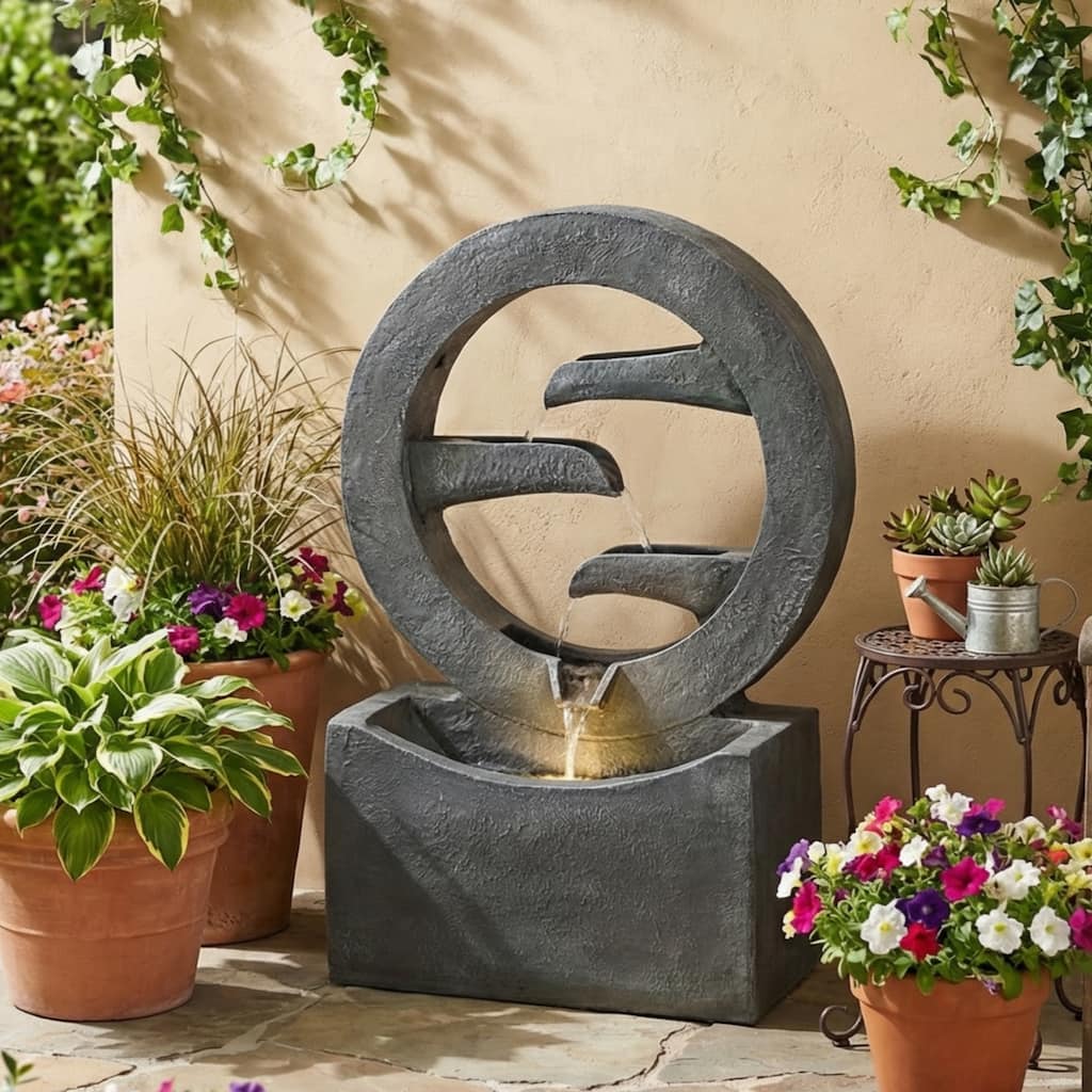 Christopher Knight Home - Modern 26.77"H Polyresin Outdoor Water Fountain with LED Light & Cascading Design