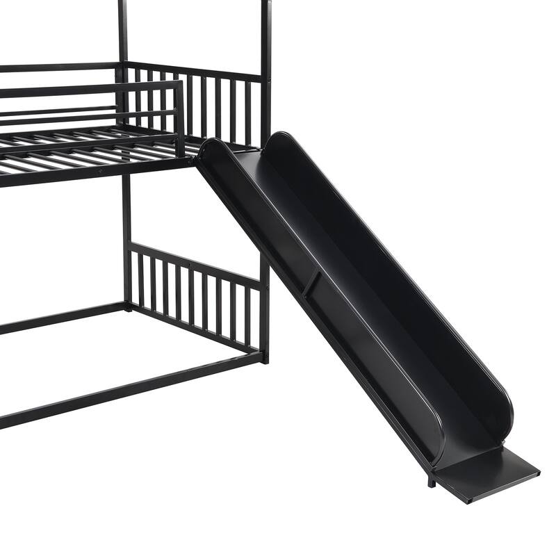 Twin Metal Bunk Bed with Slide and Storage Staircase, House-Shaped Design