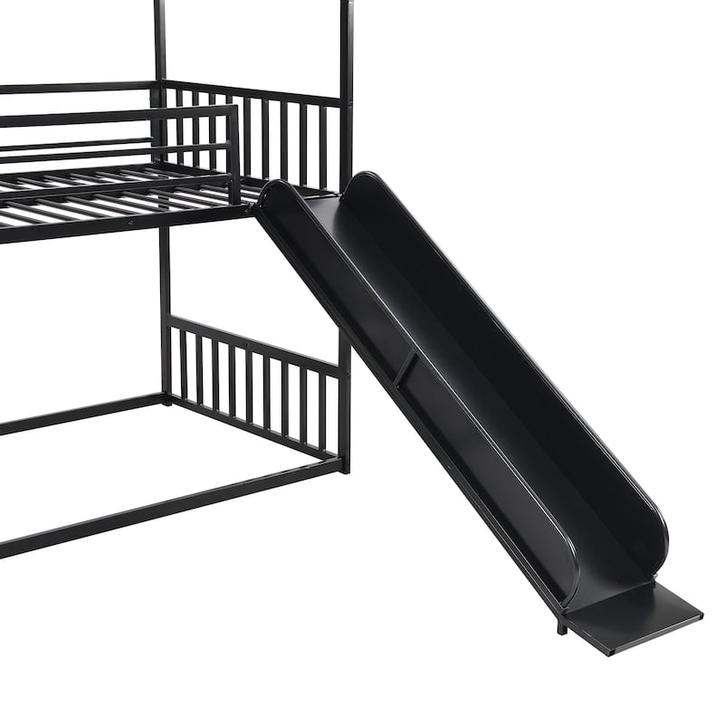 Twin Over Twin House Bunk Bed with Convertible Slide & Staircase, Metal Floor Bunk Beds Frame for Kids Boys Girls, Easy Assembly
