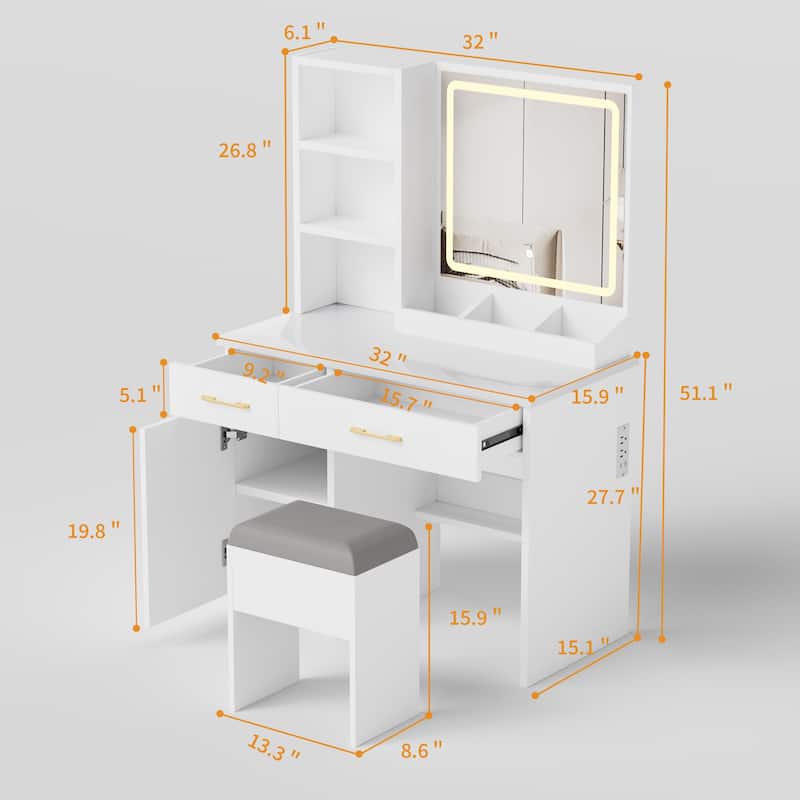 Makeup Vanity Desk with Mirror & Lights, Dressing Table with Power Outlet, 3 Light Modes, Drawers and Storage Stool