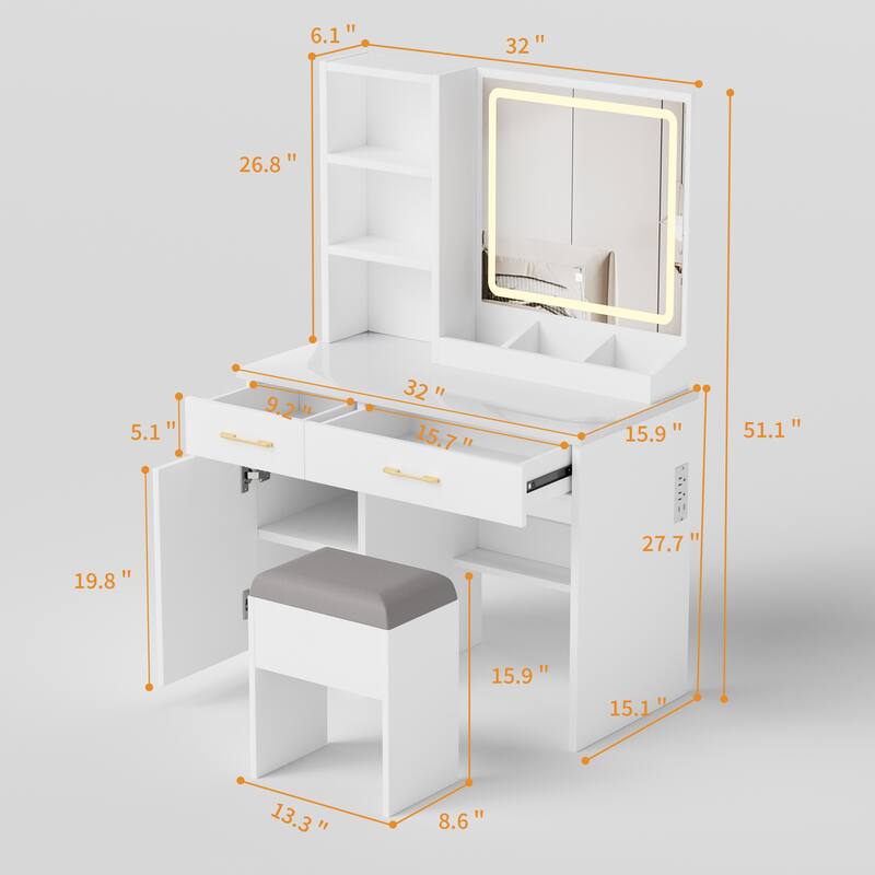 Vanity Desk with Lighten Mirror, 3 Color Mode Brightness Adjustable, ressing Table Set with Cabinet, Drawers, Shelves & Stool