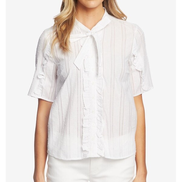 CeCe Women's Top White Size Medium M Button Down Tie Neck Cotton CeCe Women's Top White Size Medium M Button Down Tie Neck Cotton