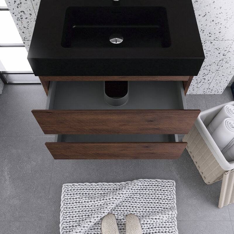 24"/30"/36" Wall-Mounted Bathroom Vanity Set with Black Integrated Quartz Sand Sink