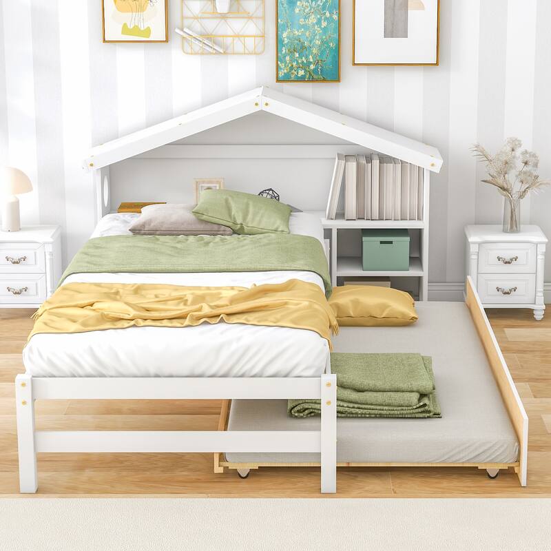 Unique Twin Size House Bed for Kids with Trundle, Bedside Table, and