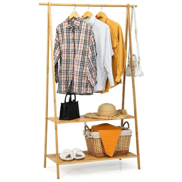 slide 2 of 10, Gymax Bamboo Garment Rack Clothes Hanging Rack w/2-Tier Storage Shelf Natural
