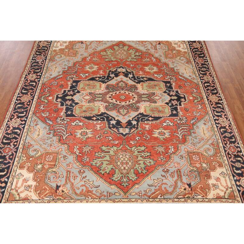 Orange Medallion Heriz Serapi Indian Area Rug Hand-Knotted Wool Carpet - 7'11" x 9'11"