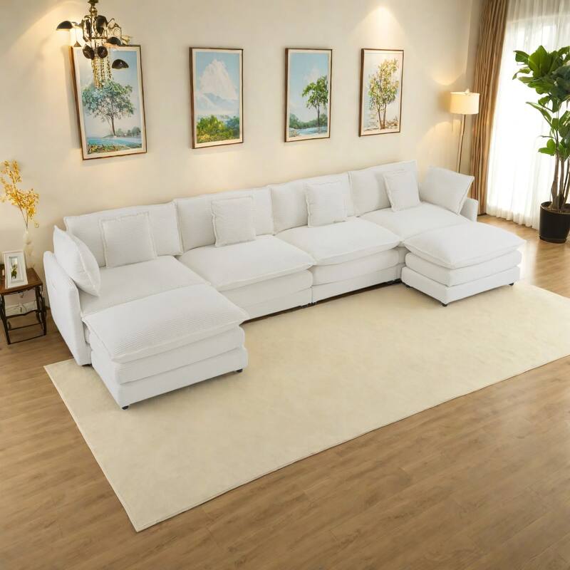 149.6" Corduroy Upholstered U-Shaped Modular Sectional Sofa with Side Storage Pockets - Beige