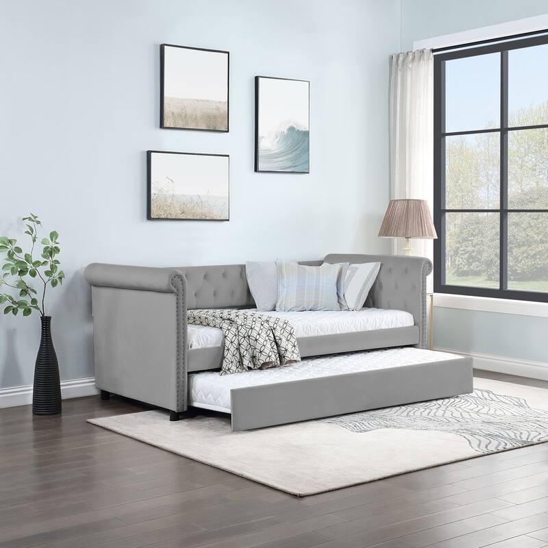 Twin Size Upholstered Velvet Daybed with Trundle and Stylish Round Armrest
