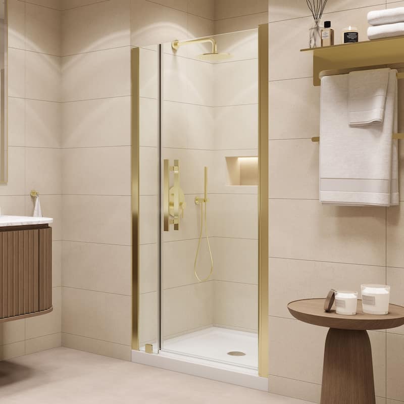 OVE Pasadena Alcove Frameless Pivot Shower Door Kit with Base Pan, 2025 - 36"x36" - Brushed Gold