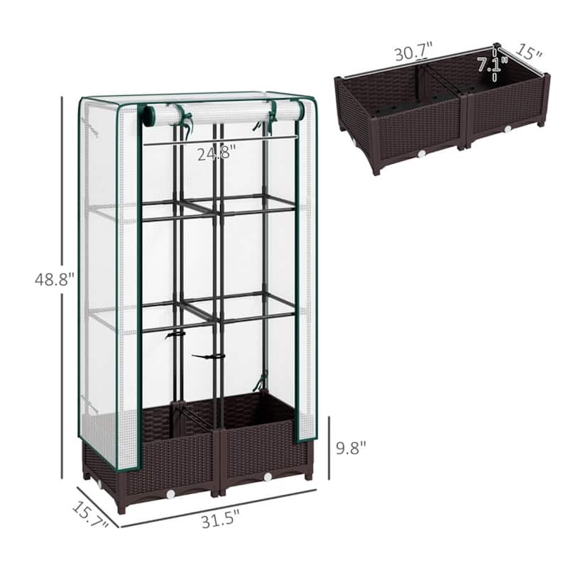 Brown and White Mini Greenhouse with PE Cover and Self-Watering System and Roll-Up Zipper