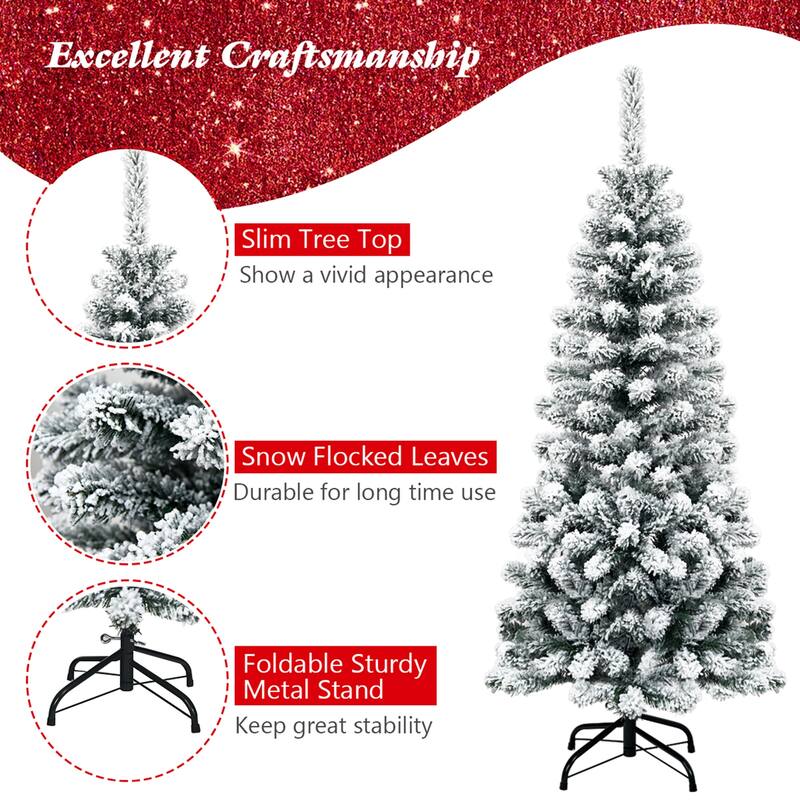 Gymax 4.5ft Snow Flocked Pencil Christmas Tree Artificial Pine Tree w/ - See Details