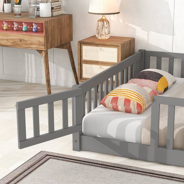 Twin/Full/Queen size Floor Platform Bed with Fence and Door for Kids, Toddlers