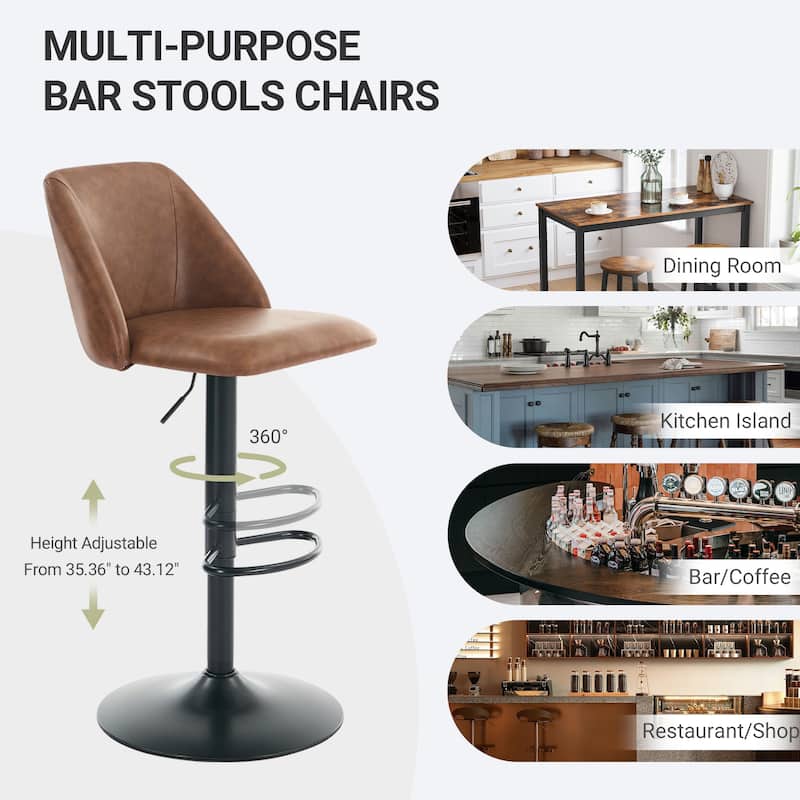 RENEWLINE Adjustable Swivel Bar Stool - PU Leather Counter Height Stool with Square Open Back for Kitchen Island