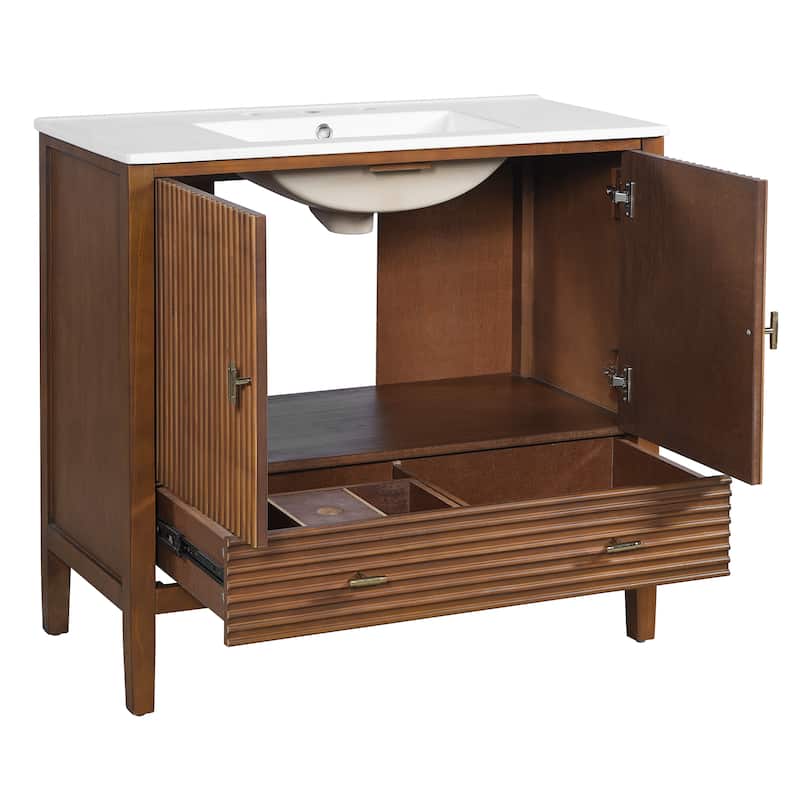 Christopher Knight Home - Mid-Century Freestanding Bathroom Vanity with Ceramic Sink, Flip-Up & Dual Drawers