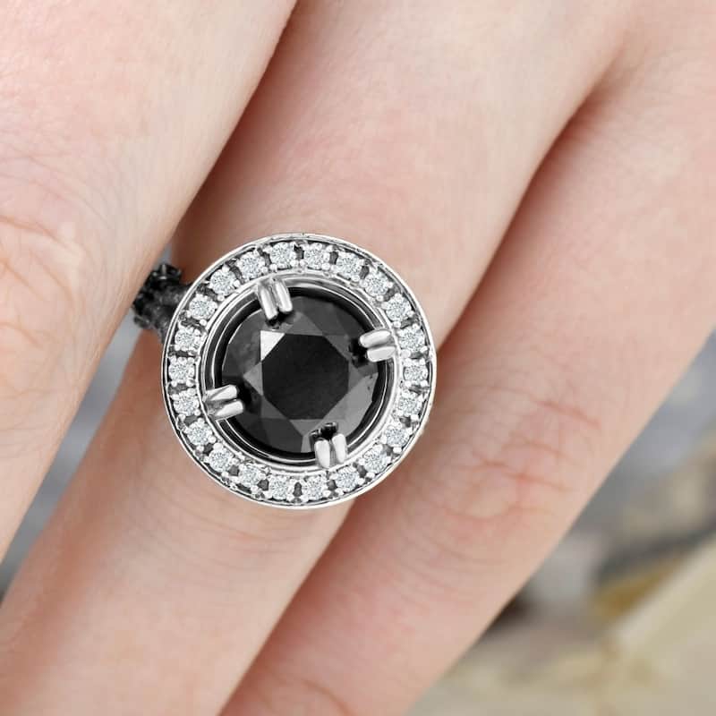 6ct Treated Black Diamond Halo Vintage Engagement Ring White Gold
