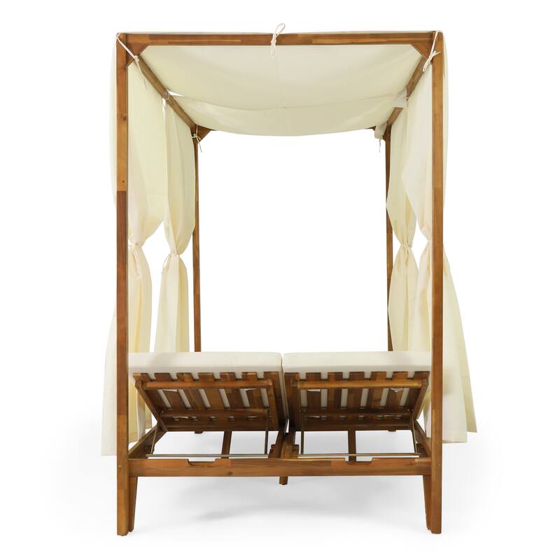 Kinzie Outdoor 2-seat Adjustable Acacia Daybed with Curtains by Christopher Knight Home - 51.25" L x 78.75" W x 78.75" H