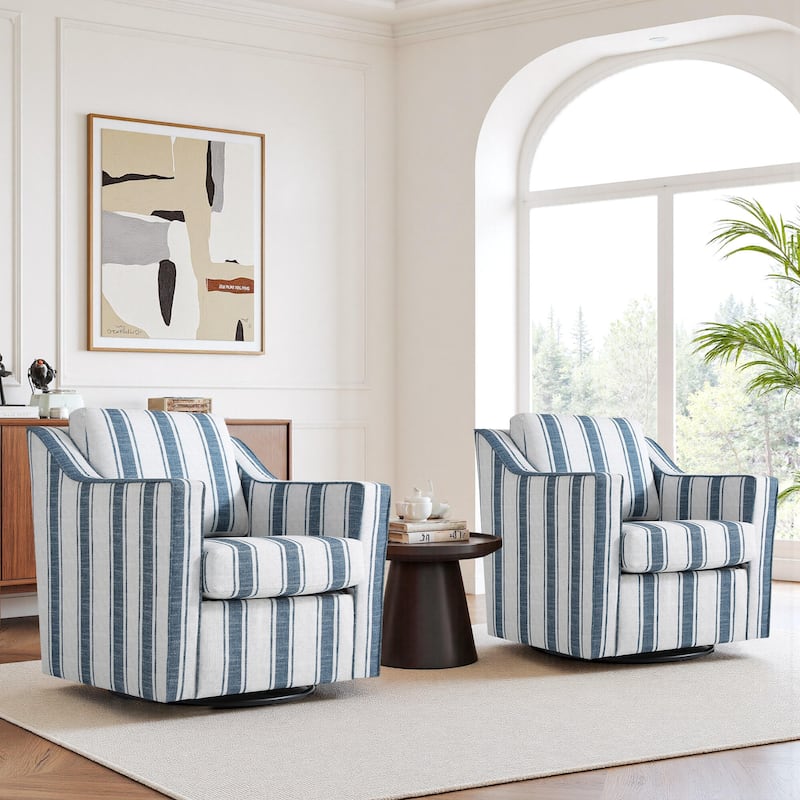 2 Set Modern Swivel Accent Arm Chair for Living Room - Stripe Navy-Linen