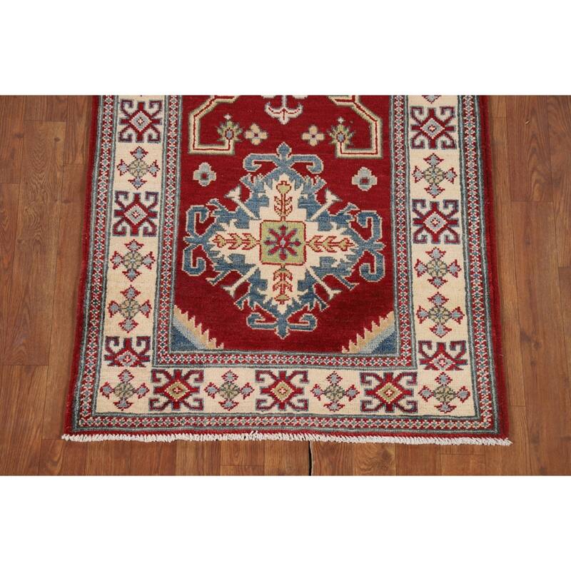 Red Geometric Kazak Runner Rug Handmade Oriental Wool Carpet - 2'9" x 10'1"