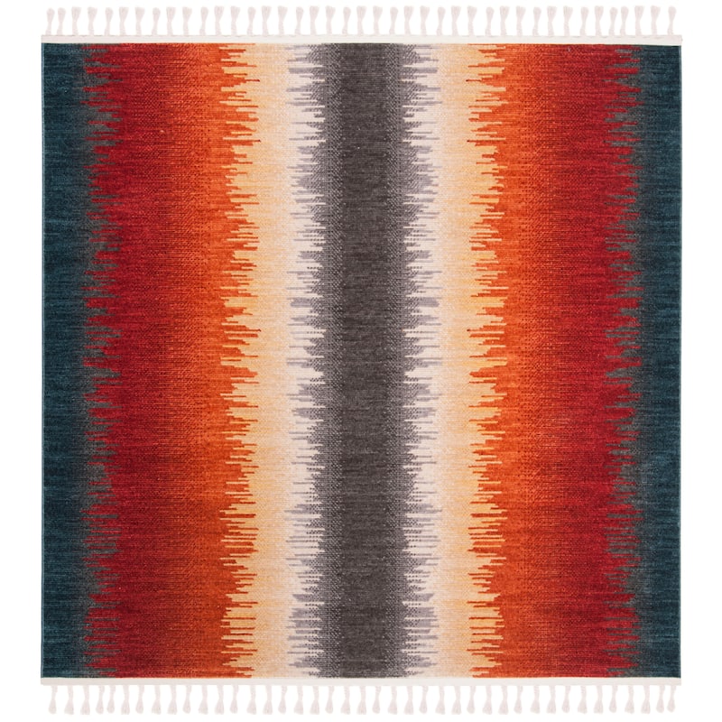 SAFAVIEH Farmhouse Nili Boho Stripe Rug with Tassels - 6'3" Square - Navy/Orange