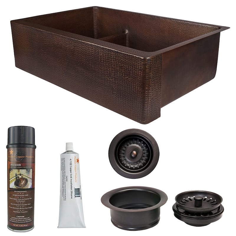 33-in Hammered Copper Kitchen Apron 30/70 Double Basin Sink with Short 5-in Divider w/ Accessories (KSP3_KA30DB33229-SD5)