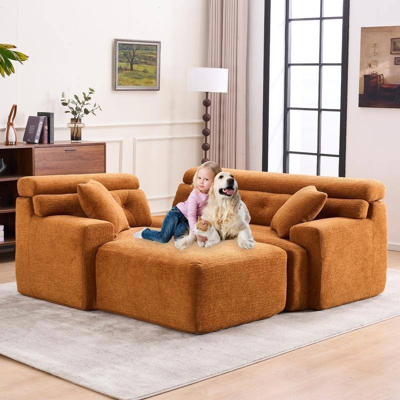 105" Convertible Chaise Sofa with Chenille Plush, Deep Seat