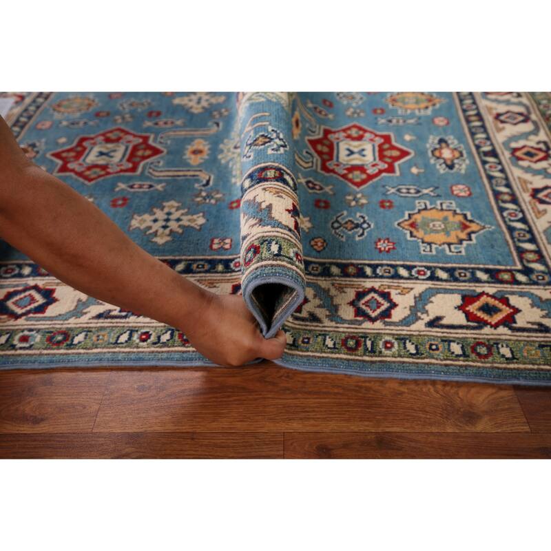 Blue Geometric Kazak Accent Rug Hand-Knotted Wool Carpet - 3'4" x 5'0"