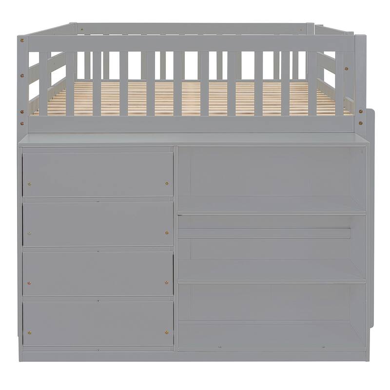 Full Over Full Bunk Bed with 4 Drawers and 3 Shelves in Solid Pine