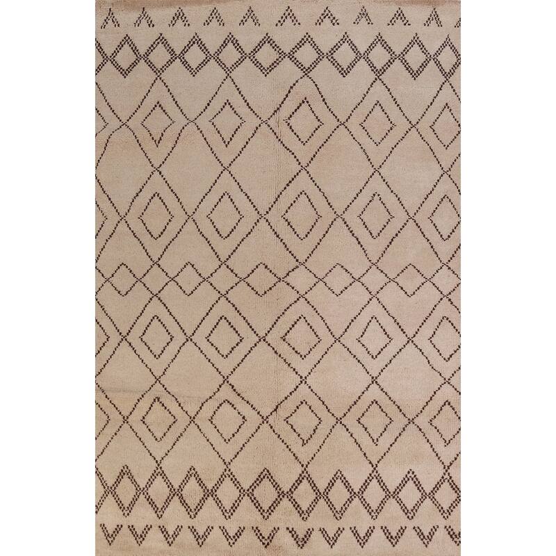 Hand Knotted Oriental 100% Wool Carpet Modern Geometric Beige & Ivories Moroccan Area Rug - 8' 0'' X 5' 0''