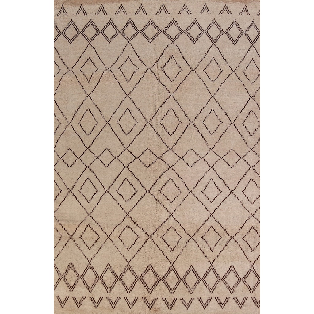 Hand Knotted Oriental 100% Wool Carpet Modern Geometric Beige & Ivories Moroccan Area Rug - 8' 0'' X 5' 0''