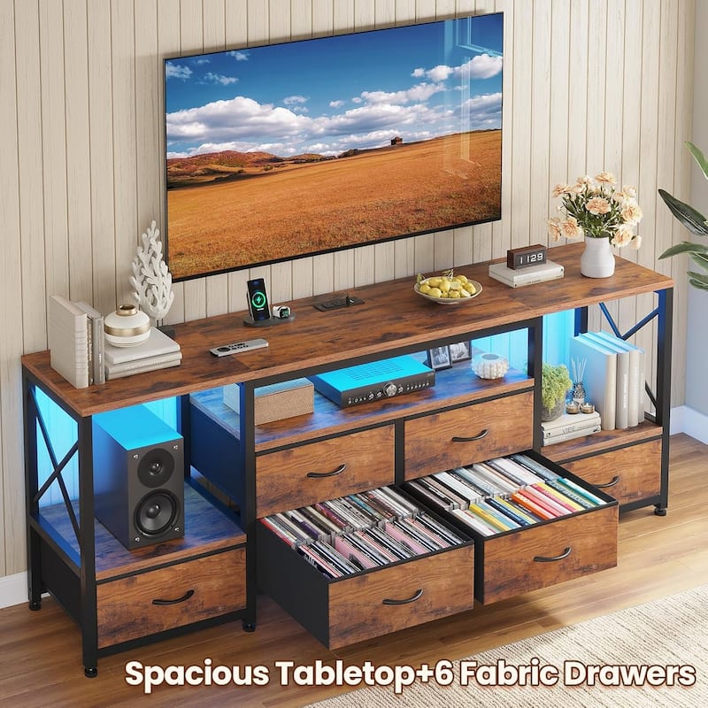 TV Stand with LED Lights Power Outlets Dresser Fabric Drawers Entertainment Center