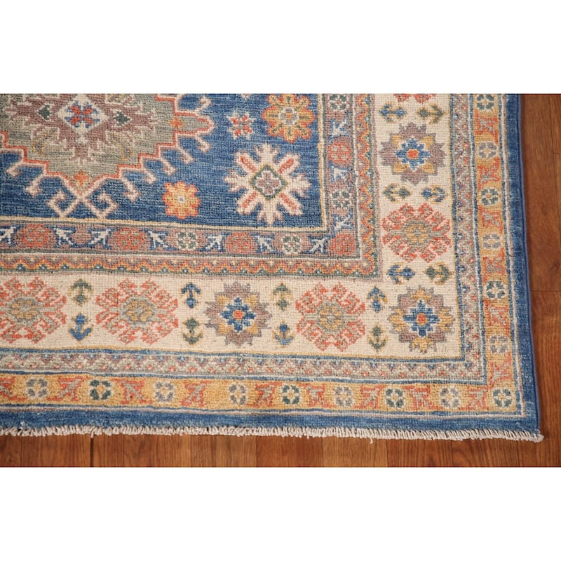 Blue Geometric Kazak Oriental Area Rug Handmade Wool Carpet - 4'0"x 5'10"
